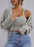 Sexy Short Sweater Jacket With Suspenders, Soft Navel-Baring Sweater Jacket, Two-Piece Set