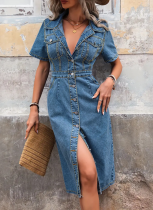 New Blue Denim Lapel Button Fashion Dress