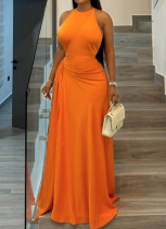 Elegant Solid Color Ruched O Neck Long Dresses