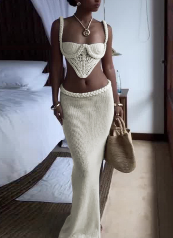 Sexy Knitted Hollow Tank Top Hip Skirt Set