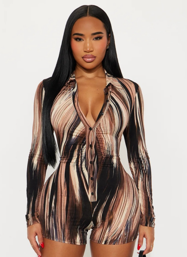 Autumn New Mixed Color Vertical Stripes Sexy Slim Cardigan Single-Breasted Jumpsuit