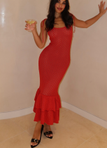 Sexy Suspenders Hollow Bohemian Beach Wood Ear Knitted Cake Long Dress