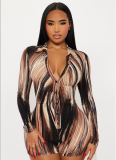 Autumn New Mixed Color Vertical Stripes Sexy Slim Cardigan Single-Breasted Jumpsuit