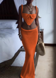 Sexy Knitted Hollow Tank Top Hip Skirt Set