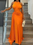 Elegant Solid Color Ruched O Neck Long Dresses