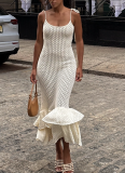 Sexy Suspenders Hollow Bohemian Beach Wood Ear Knitted Cake Long Dress