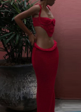 Sexy Knitted Hollow Tank Top Hip Skirt Set