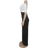 Black And White Casual Contrast Off Shoulder Bodycon Jumpsuits
