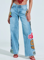 Casual and Versatile Loose Jeans With Letter Embroidery Patches