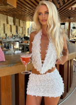 Fashion New Women's Halter Neck Deep V Neck Sexy Hot Girl Short Skirt Suit