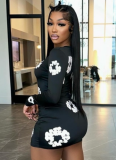 Round Neck Long Sleeve Floral Print Slim High Waist Dress