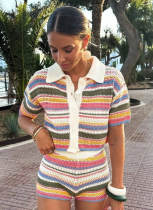 Striped Lapel Cardigan Top, Casual Shorts, Knitted Contrast Color Two-Piece Suit