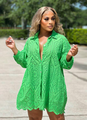 Fashionable And Casual Long-Sleeved Solid Color Hollow Dress