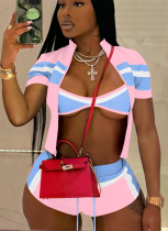 Sexy Zipper Contrast Zipper Collar Short Sleeve Three Pieces