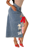 Sexy Letters Embroidered High Slit Mid Waist Patchwork Bottoms