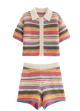 Striped Lapel Cardigan Top, Casual Shorts, Knitted Contrast Color Two-Piece Suit