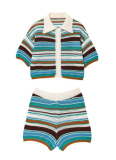 Striped Lapel Cardigan Top, Casual Shorts, Knitted Contrast Color Two-Piece Suit