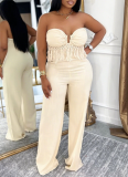 Sexy Solid Color Fringed Trim Strapless Regular Jumpsuits