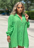 Fashionable And Casual Long-Sleeved Solid Color Hollow Dress