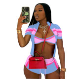 Sexy Zipper Contrast Zipper Collar Short Sleeve Three Pieces
