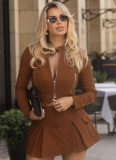 Long-Sleeved Zipper Top And Sexy Miniskirt Two-Piece Set