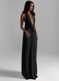 Fashion New Halter Neck Open Back Deep V Neck Sexy Slit Dress