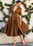 Fashionable Women'S Autumn And Winter Long-Sleeved Waist Solid Color Dress