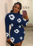 Round Neck Long Sleeve Floral Print Slim High Waist Dress