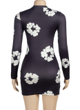 Round Neck Long Sleeve Floral Print Slim High Waist Dress
