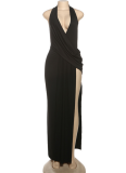 Fashion New Halter Neck Open Back Deep V Neck Sexy Slit Dress