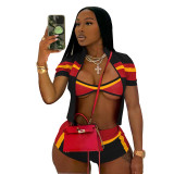 Sexy Zipper Contrast Zipper Collar Short Sleeve Three Pieces