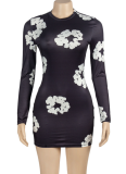 Round Neck Long Sleeve Floral Print Slim High Waist Dress