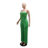 Sexy Solid Color Fringed Trim Strapless Regular Jumpsuits