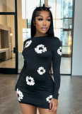 Round Neck Long Sleeve Floral Print Slim High Waist Dress