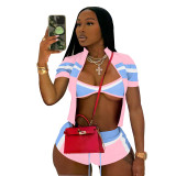 Sexy Zipper Contrast Zipper Collar Short Sleeve Three Pieces