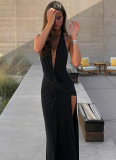Fashion New Halter Neck Open Back Deep V Neck Sexy Slit Dress