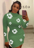 Round Neck Long Sleeve Floral Print Slim High Waist Dress