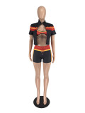 Sexy Zipper Contrast Zipper Collar Short Sleeve Three Pieces