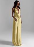 Fashion New Halter Neck Open Back Deep V Neck Sexy Slit Dress
