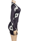 Round Neck Long Sleeve Floral Print Slim High Waist Dress