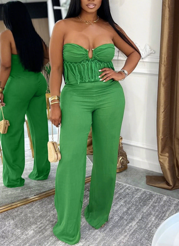 Sexy Solid Color Fringed Trim Strapless Regular Jumpsuits