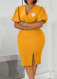 Lantern Sleeve Summer V-Neck Fashion Hip-Wrapping Slit Dress
