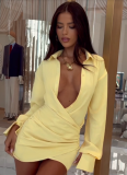 Sexy Deep V-Neck Pleated Hip-Hugging Shirt Dress