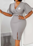 Lantern Sleeve Summer V-Neck Fashion Hip-Wrapping Slit Dress