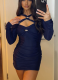 Dark Blue Sexy Cross Strap Hollow Long Sleeve Dress