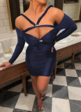 Dark Blue Sexy Cross Strap Hollow Long Sleeve Dress