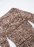 Autumn And Winter Leopard Print Round Neck Zipper Long Sleeve Gathered Jumpsuit Shorts