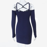 Dark Blue Sexy Cross Strap Hollow Long Sleeve Dress
