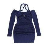 Dark Blue Sexy Cross Strap Hollow Long Sleeve Dress