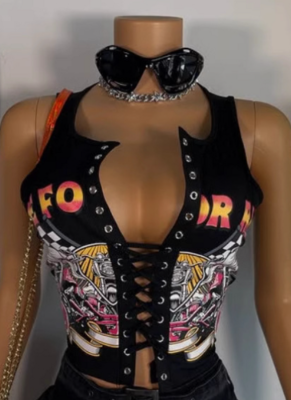 New Sexy Hot Girl Slim Fashion Printed Tie String Small Vest